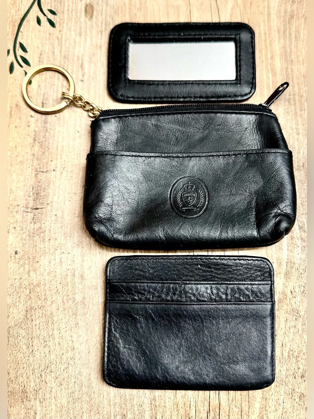 Black Leather Key Wallet Coin Pouch with Gold Keyring
